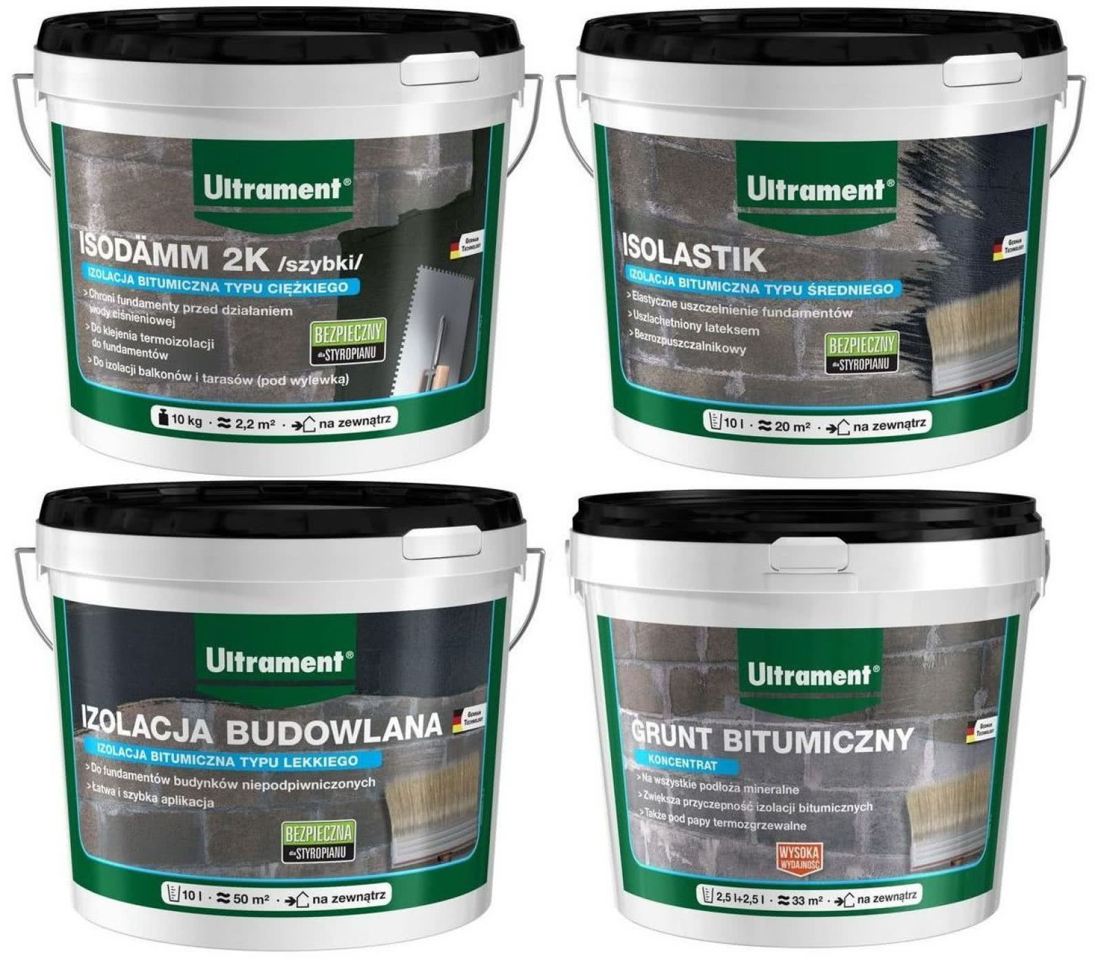 Produkty do izolacji przeciwwodnej typu lekkiego, średniego i ciężkiego. fot. Ultrament Produkty do izolacji przeciwwodnej typu lekkiego, średniego i ciężkiego. fot. Ultrament